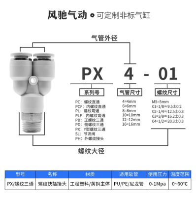 LDLPC力顶力PB-PX系列气管接头螺纹三通
